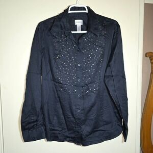 Women's Black‎ Sparkly Buttondown Chico's Size 3 (XL/16) Long sleeve Blouse